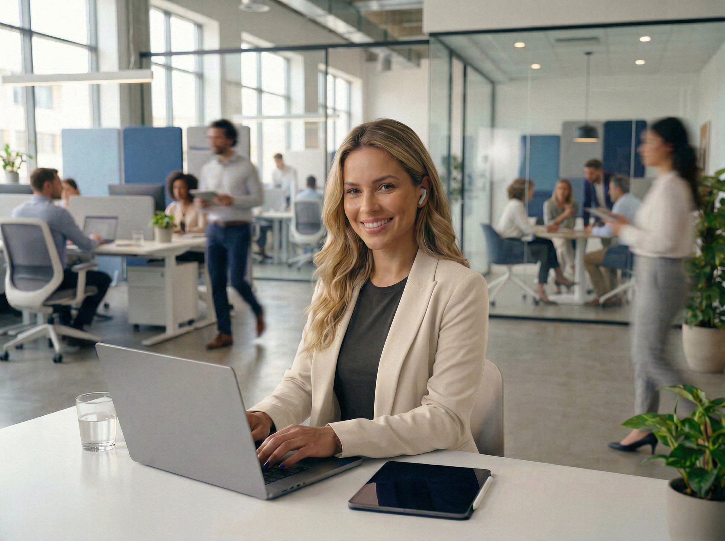 Profissional em ambiente corporativo, trabalhando em laptop